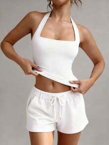 Camiseta sin espalda sexy, top de verano con cuello cuadrado elástico, ajuste casual y elegante, color amarillo para vacaciones - Blanco - Ver 9