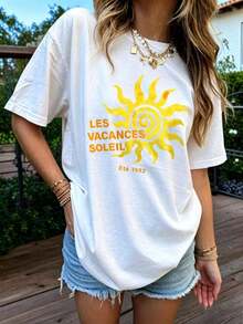 Women's Les Vacances Soleil 1992 Sunshine Pattern Casual Loose Round Neck White Short Sleeve T-Shirt, Beach Holiday Top SummerBreathable and comforte - Blanco - Ver 2