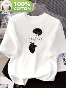 Women's T-Shirt With A Combined Brain And Heart Print; Made Of 100% Cotton; Comfortable And Breathable; Soft For A Relaxing Feel; A Round Neck T-Shirt Suitable For Everyday Wear For All Women; Casual T-Shirt For Women - 白色 - 查看 8