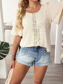Shorts vaqueros casuales de mujer con decoración de perlas sintéticas - Azul - Ver 4