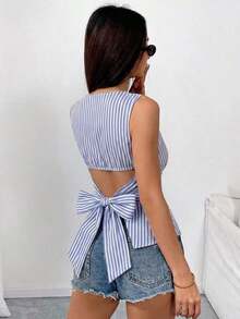 Camisa ajustada sin mangas de unicolor con lazo en la espalda, sexy y elegante para uso casual, adecuada para citas, vacaciones, oficina/negocios, primavera/verano - Azul y blanco - Ver 2