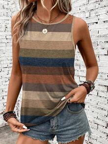 Camiseta de tirantes holgada de verano para mujer, estampado de patrón de correa de mezclilla, elegante y versátil, apta para uso casual, vacaciones y paseos, con un estilo minimalista y retro - Multicolor 8 - Ver 5