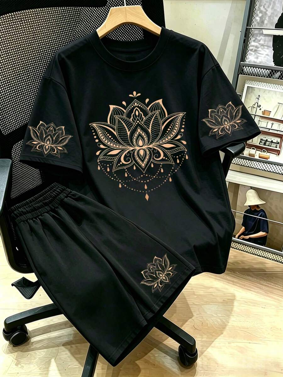 Lotus Floral Print T-Shirt And Shorts Set, Plus Size Women's Casual Summer 2-Piece Outfit Elegant - Multicolor - View 1