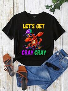 NewSummerCasualWomen's Oversized Crew Neck Graphic Tees, 100% Cotton T Shirt, Cray Cray Lobster With Hat And Sunglasses Casual Wear, Spring Short Sleeve Loose Fit Tops, Summer Fashion Basic Tees, Clothes Gift For Womens-Vintage Street Style Unisex Loose Cotton Short Sleeve Crew Neck T-Shirt - 黑色 - 查看 2