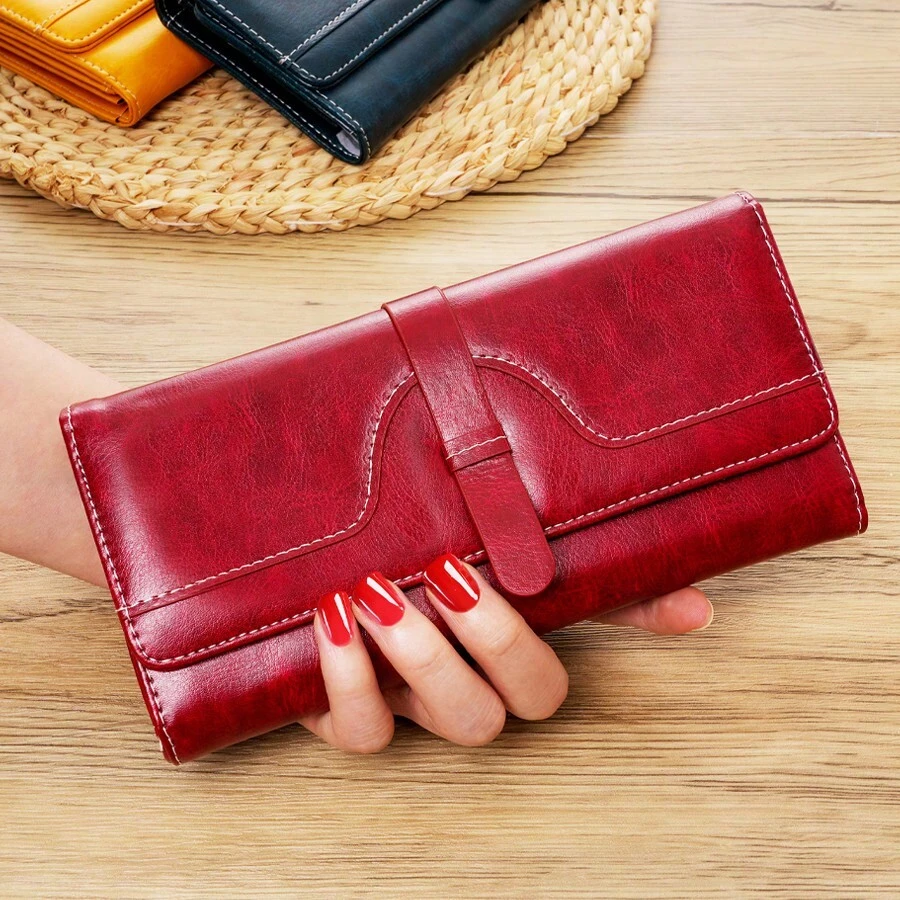 Ví cầm tay nữ màu đỏ dáng dài, dung tích lớn, phong cách tối giản, đa năng