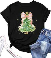 Nueva Camiseta Casual de Navidad con Estampado de Árbol de Navidad para Mujer - Camisetas Estampadas de Feliz Navidad, Camiseta de Manga Corta para las Fiestas, Regalo de Nochebuena - Ropa Diaria Festiva Unisex para Mujer y Hombre - Camiseta Vintage de Estilo Urbano Unisex de Algodón Suelto de Manga Corta con Cuello Redondo - Negro - Ver 1