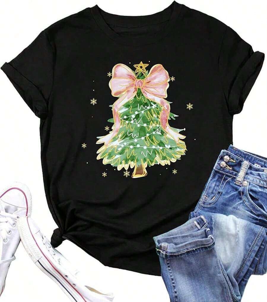 Nueva Camiseta Casual de Navidad con Estampado de Árbol de Navidad para Mujer - Camisetas Estampadas de Feliz Navidad, Camiseta de Manga Corta para las Fiestas, Regalo de Nochebuena - Ropa Diaria Festiva Unisex para Mujer y Hombre - Camiseta Vintage de Estilo Urbano Unisex de Algodón Suelto de Manga Corta con Cuello Redondo - Negro - Ver 1