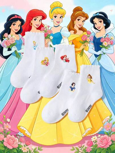 Disney 1/5 Đôi tất trắng viền ren cho bé gái, họa tiết công chúa hoạt hình dễ thương, mềm mại, thoáng khí, thấm hút mồ hôi, dài đến bắp chân, thích hợp cho tiệc sinh nhật, quà tặng ngày lễ, hoạt động trường học, biểu diễn sân khấu, mặc hàng ngày.