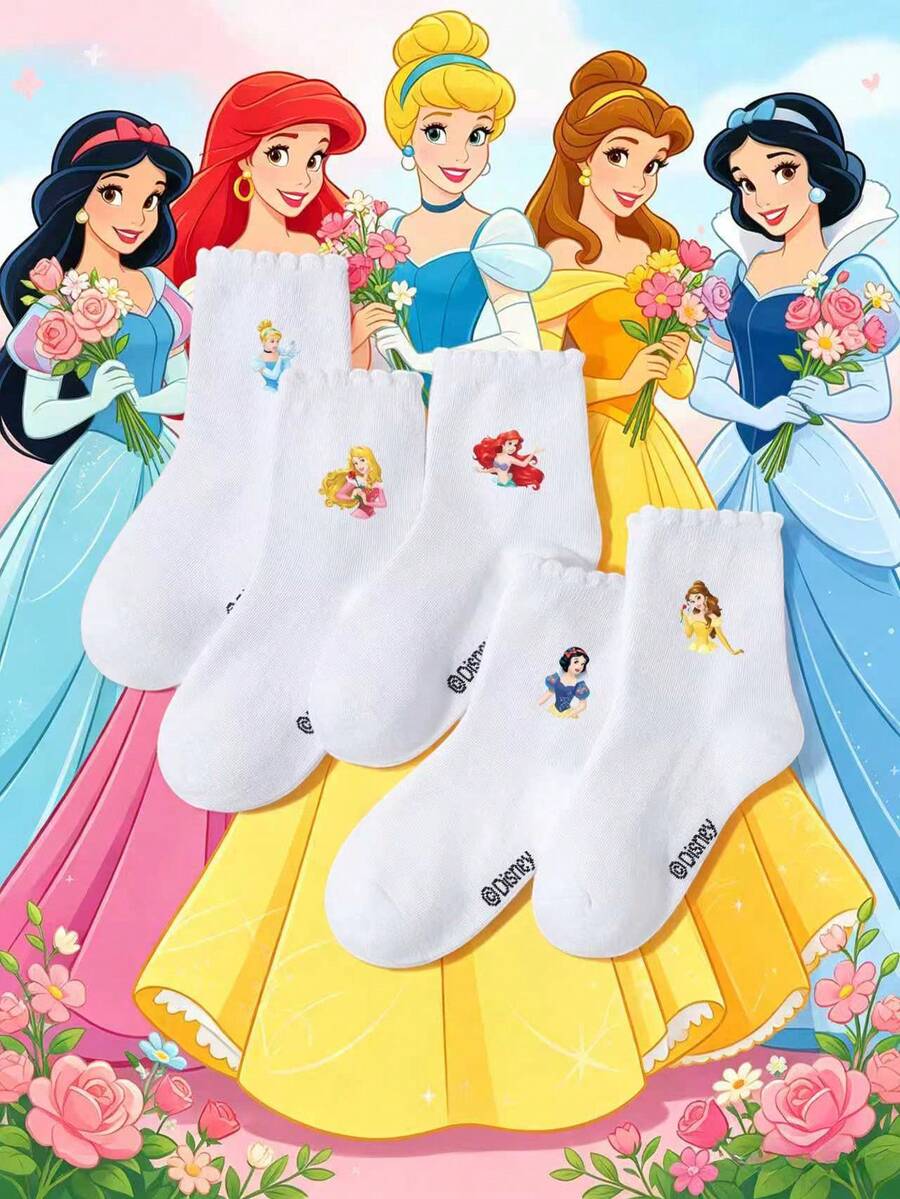 Disney 1/5双装女童白色蕾丝边短袜,可爱柔软甜美卡通公主图案,休闲透气吸湿中筒袜,适合生日派对、节日礼物、学校活动、舞台表演、日常穿着 - 彩色 - 查看 1