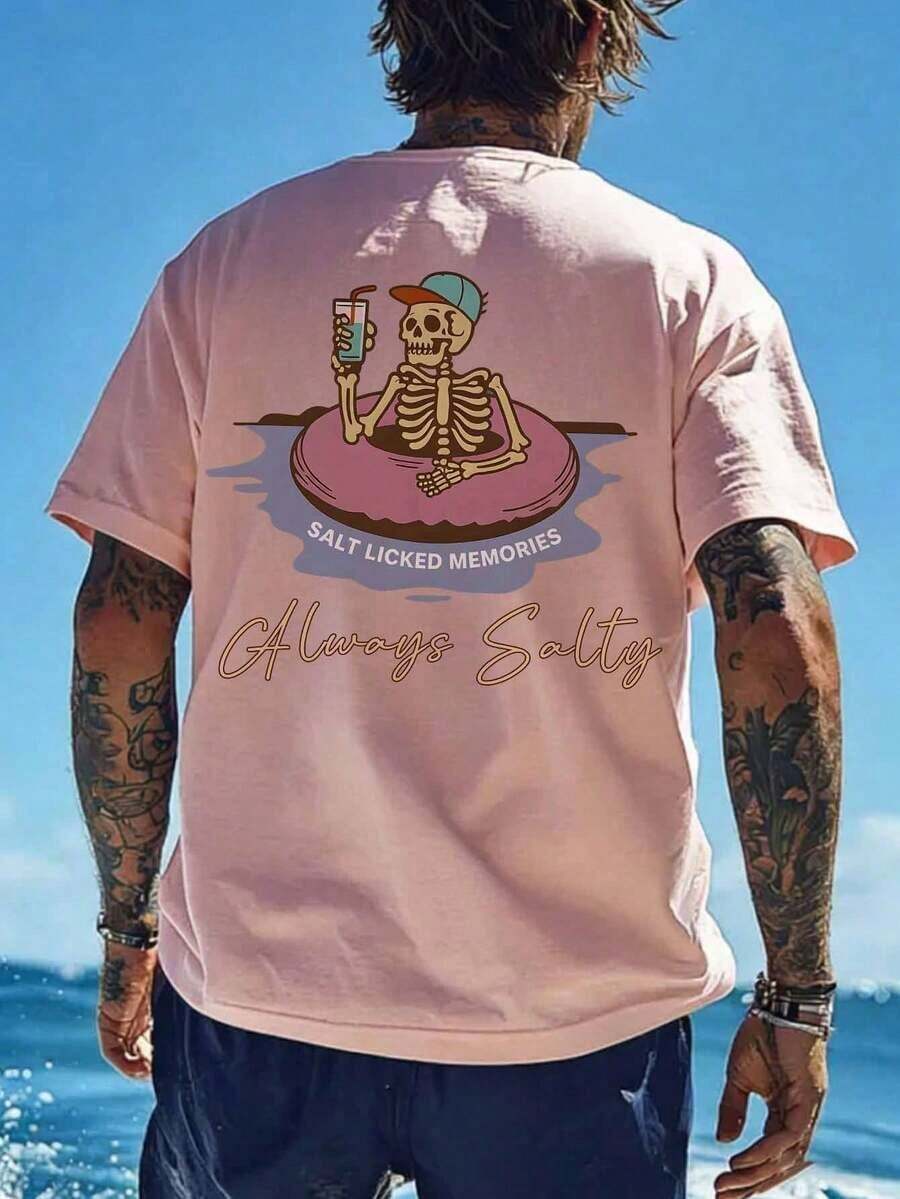 The Hottest Item Of The Summer: A Stylish And Popular Party T-Shirt. This Men's Casual, Vacation-Style Printed Short-Sleeve T-Shirt Is Comfortable, Breathable, And Perfect For Summer. - 粉色 - 查看 1