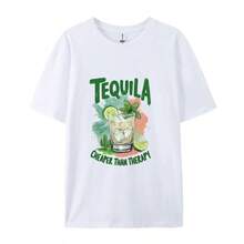 1 Piece Women's Short Sleeve T-Shirt With Tequila Print, Cheaper Than Therapy, Casual Style, 180g, 100% Cotton. - 白色 - 查看 2