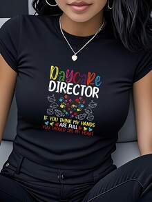 Women's T-Shirt Made Of Pure Cotton, Casual Loose Style, With A Kindergarten Teacher Heart Print, Short Sleeves And Round Neck, Unique And Fashionable, Elegant And Versatile, Suitable For Casual Daily Wear, Parties, Dates And As An Excellent Gift. - 黑色 - 查看 1