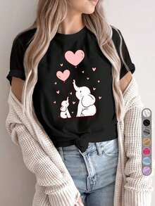 1 pieza de camiseta deportiva casual para mujer, camiseta de cuello redondo, diseño de elefante y ternera con globos de corazón, regalo para madre, padre, temática del Día de la Madre, diseño cálido de animales, madre, elefante, top cómodo para todas las estaciones, 180g, 100% algodón. - Negro - Ver 7