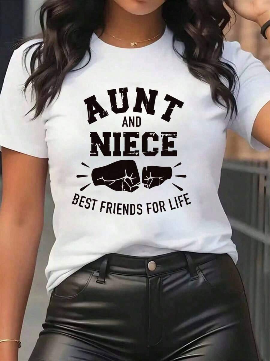 New Arrivals For Summer. Women's T-Shirt With A Graphic Print Of "Aunt And Niece Best Friends For Life", Round Neck, Casual Everyday Wear, Soft And Comfortable, Perfect For Vacations. - 白色 - 查看 1