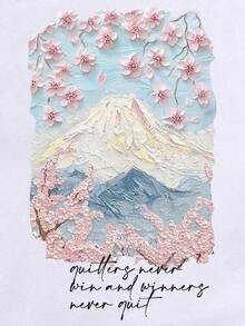 Fashion Printed T-Shirts For Women, Oversized Streetwear Tops, Comfortable And Stylish All-Match Summer Tees. Casual Summer T-Shirt For Women, Pink Cherry Blossom Print, Round Neck, Short Sleeve - 白色 - 查看 3