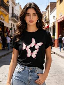Limited Time Offer, Limited Quantities, Flash ! Women's Casual Shirt, Stylish Short-Sleeved Sports T-Shirt For Women, Adorned With Three Semi-Transparent Glitter Butterflies. - 黑色 - 查看 1