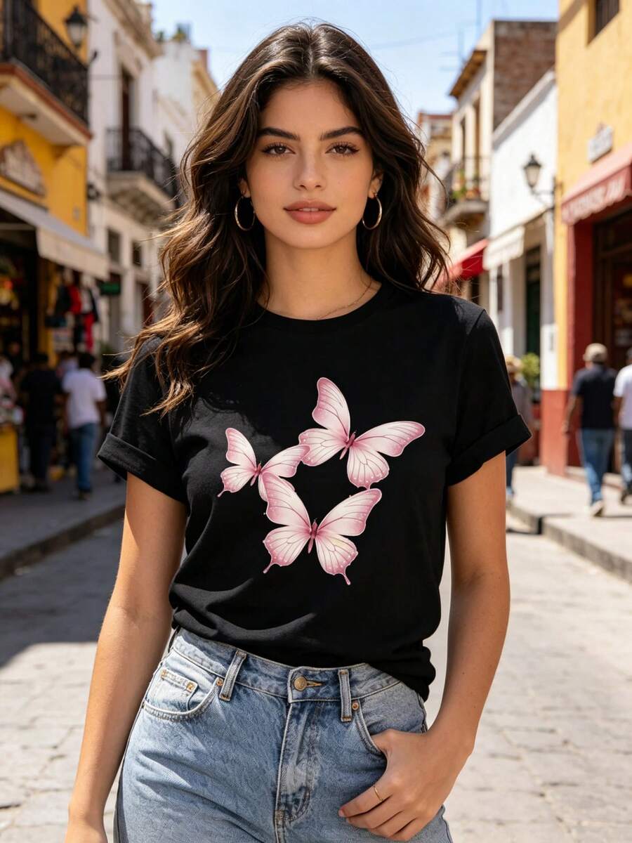 Limited Time Offer, Limited Quantities, Flash ! Women's Casual Shirt, Stylish Short-Sleeved Sports T-Shirt For Women, Adorned With Three Semi-Transparent Glitter Butterflies. - 黑色 - 查看 1