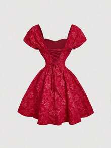 MOD Vestido romántico de hombros descubiertos color vino tinto, adecuado para citas, San Valentín, vacaciones - Rojo cereza - Ver 6