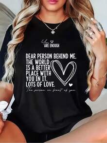 Women's "You Are Enough" Affirmation T-Shirt With Positive Body Positivity Message And Heart, "You Are Enough" Text, Soft Casual T-Shirt For Everyday Wear In All Seasons - 黑色 - 查看 1