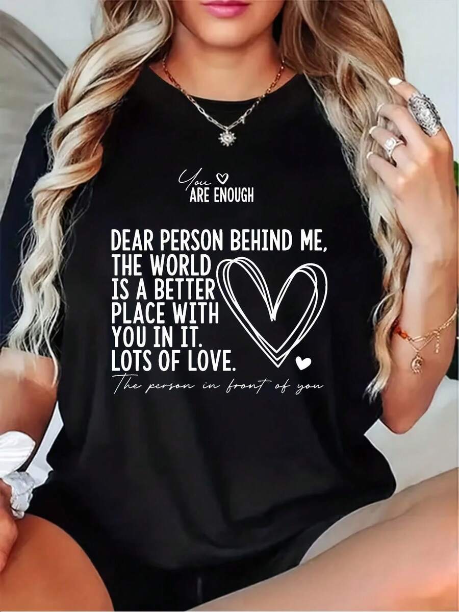 Women's "You Are Enough" Affirmation T-Shirt With Positive Body Positivity Message And Heart, "You Are Enough" Text, Soft Casual T-Shirt For Everyday Wear In All Seasons - 黑色 - 查看 1