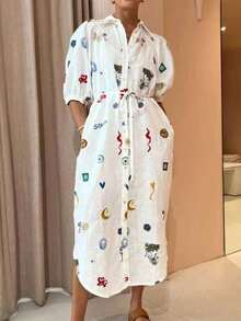 Shirt Dress With Print And Adjustable Belt, Spring 2026 - White - View 6