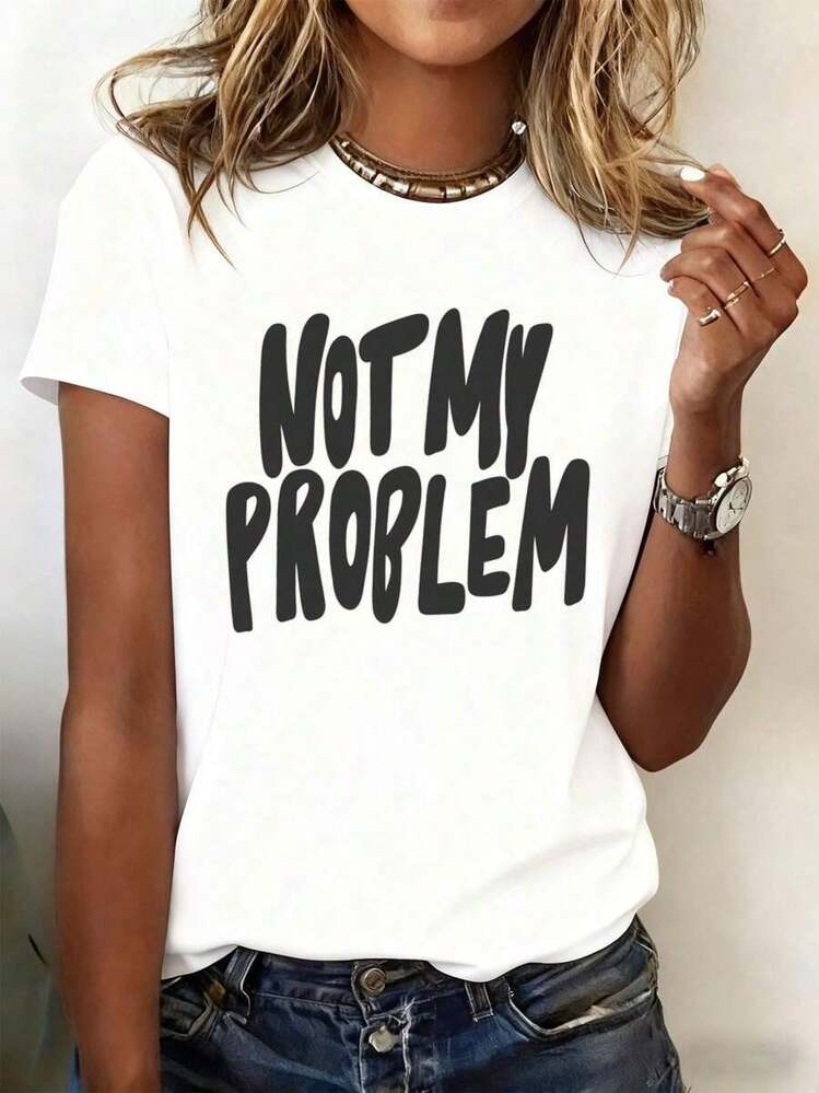 Camiseta con eslogan divertido "No es mi problema" de las mujeres - 100% 180g Retro Y2K Vintage Camiseta blanca con estampado negro, confort de manga corta cuello redondo Top de ropa cajera casual para tre casual y parejas que coinciden con los tres - Tee de declaración humorista - Blanco - Añade 1