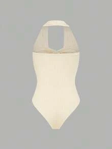 Body de mujer de unicolor con cuello drapeado y recortes huecos - Albaricoque - Ver 4