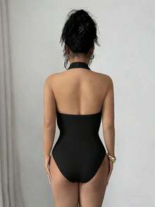 Body de mujer de unicolor con cuello drapeado y recortes huecos - Negro - Ver 3
