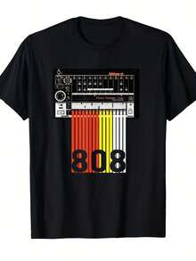 T-Shirt With An 808 Drum Machine Print, A Retro 80s Style Tee Featuring A Drum Machine And 808 Rhythm Print, Short Sleeves, Crew Neck, Slightly Stretchy Fabric, And A Relaxed, Casual Fit. Perfect For Summer, Sports, Outings, And Festive Occasions. With Its Crisp, Streamlined Cut, This Garment Creates A Clean And Dynamic Look. Its Relaxed Yet Flattering Silhouette Suits All Body Types, Offering A Style That Is Both Casual And Sophisticated. - 黑色 - 查看 6
