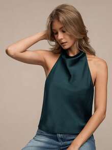 Blusa de mujer de nuevo verano de unicolor y sexy con espalda descubierta y hombros descubiertos, adecuada para citas y fiestas - Verde Oscuro - Ver 4