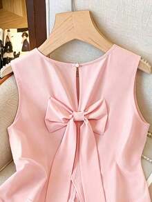 Blusa minimalista versátil para mujer con lazo, de gasa negra y sin mangas, en color albaricoque, nuevos lanzamientos de primavera/verano de estilo elegante francés - Rosa Pálido - Ver 3