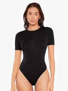 Body de silueta ajustada de color sólido, de estilo sencillo y casual para uso diario - Negro - Ver 5