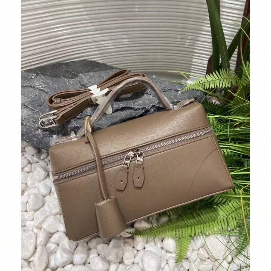 L23 Minimalist Solid Color Boxy Handbag For Women Elegant Smooth Faux Leather Top Handle Bag Luxury Design Structured Crossbody Purse With Adjustable Strap Versatile Daily Travel Satchel - Gesper Emas Abu-abu Gajah (Pola Leci L23) - View 1