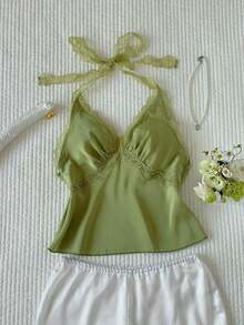 Top halter sin espalda con parches de lunares y encaje para mujer - Verde - Ver 8