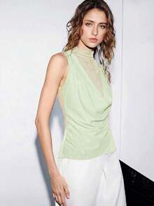 Camiseta sin mangas sexy con cuello drapeado de malla transparente, volantes y bajo asimétrico para mujer, nueva colección primavera/verano - Verde - Ver 6