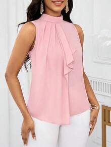 Lady Blusa sin mangas con estampado floral elegante y volante en el bajo, para verano - Rosado Sandía - Ver 3