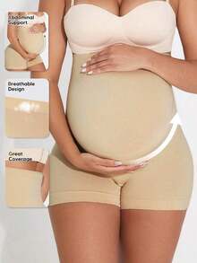 Pantalones cortos de maternidad con cintura alta y panel de soporte abdominal expandible, adecuados para yoga, entrenamiento y uso durante el embarazo en Navidad - Beis - Ver 3