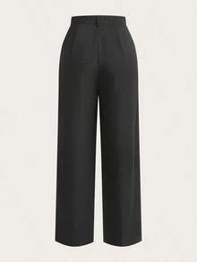 Pantalones rectos unicolor con cremallera - Negro - Ver 2
