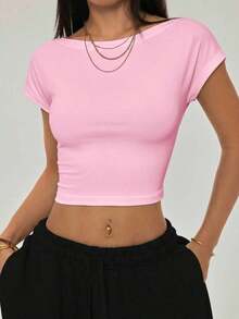 Camiseta negra con espalda abierta, adecuada para talla pequeña, para verano - Rosa Pálido - Ver 6