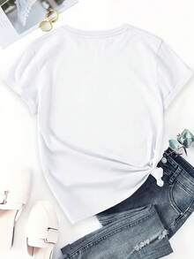 [Camiseta de mujer] Camiseta de manga corta para mujer 100% moda, con estampado de óvalos horizontales en degradé y la palabra "BALANCE", elegante, cómoda, suave y transpirable - [Blanco] - Ver 3