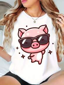 Cerditos Felices, Cerditos Alegres y Adorables, Cerditos de Moda, Cerditos Geniales, Artículos Temáticos de Vacaciones, Regalos, Productos Temáticos, Nuevas Camisetas Casuales de Cuello Redondo para Mujer para Todas las Estaciones, Cómodas para el Día a Día[COD] - Blanco - Ver 6