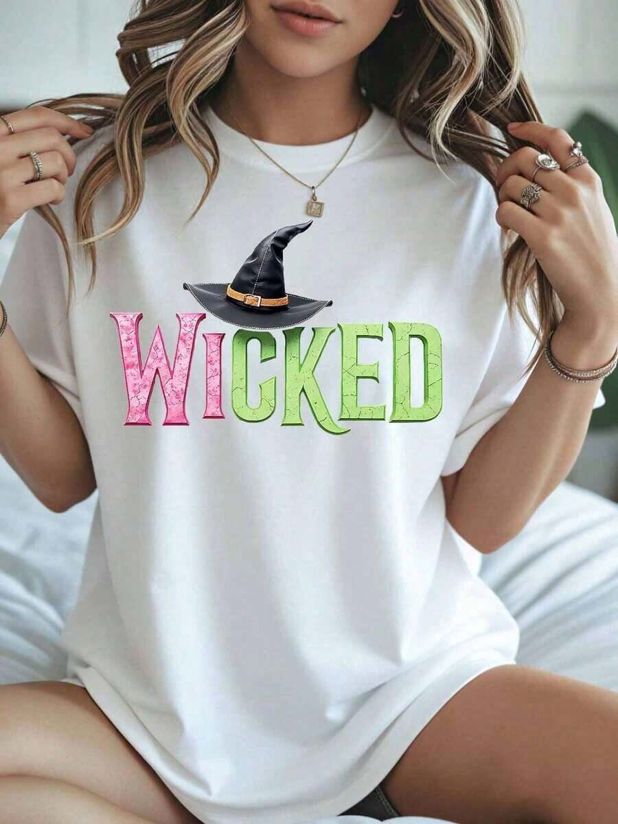 1 Piece T-Shirt With Evil Witch Hat Print, For Halloween Costume Party, Women's Casual Top, Fashion T-Shirt, 180g, 100% Cotton. - 白色 - 查看 1