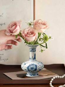 1pc Exquisite Blue And White Porcelain Vase, Mini Retro Flower Vase, Classic Decorative Bud Vase, Chinese Ceramic Flower Vase, For Home Decor Vase, Office Desk Decor, Party & Event Decoration, Bedroom Decor, Dried Flower Vase, Living Room Decor, Gift For Lover, Graduation, Holiday - Multicolor - View 5