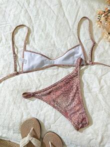 Set de 2 piezas Bikini de tirantes finos con estampado aleatorio para mujer, verano - Multicolor 6 - Ver 2