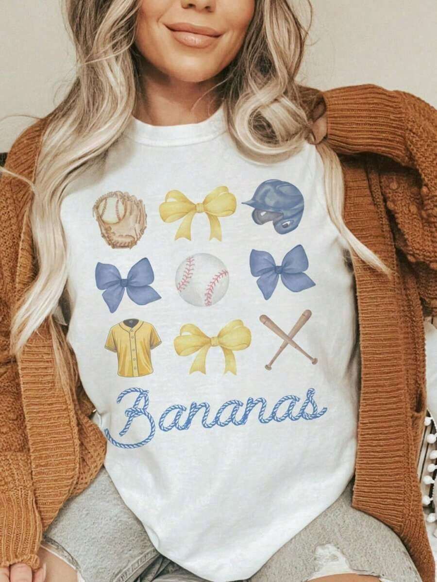 Unisex Bananas Baseball T-Shirt | Cute Athletic Shirt With Ties | Yellow And Blue Team Shirt | Fun Game Day Outfit | Gift For Softball Fans, 100% Cotton Thick T-Shirt, Short Sleeve, Graphic Print, Casual Style For Women - 白色 - 查看 1