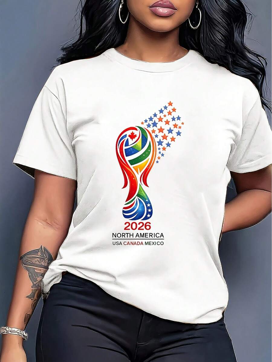 Presume el Mundial 2026 Norteamérica con esta playera, con un diseño de trofeo colorido que une EE.UU., Canadá y México. - Blanco - Ver 1