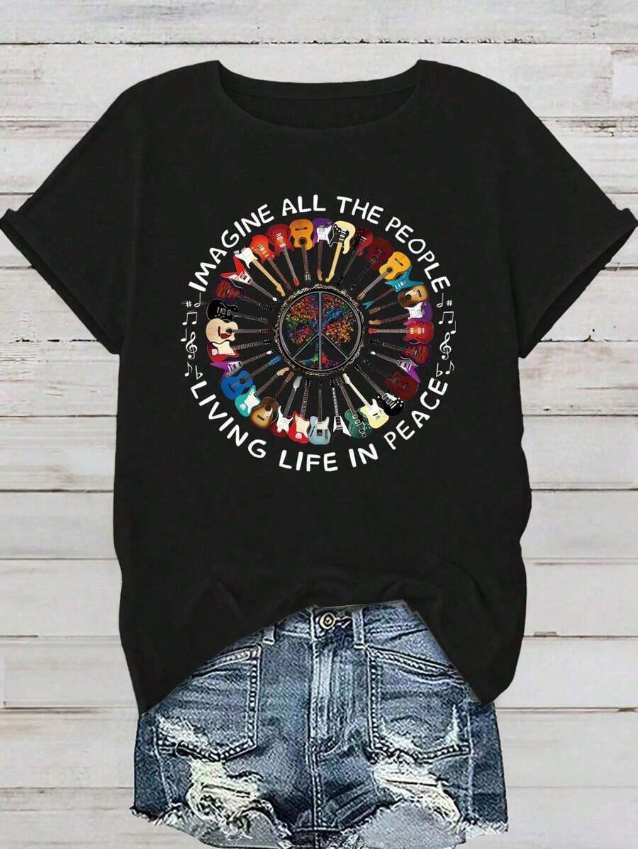 Camiseta de Cuello Redondo con Estampado de Letras y Guitarra , Camiseta Casual de Manga Corta para Primavera y Verano, Ropa de Mujer - Negro - Ver 1