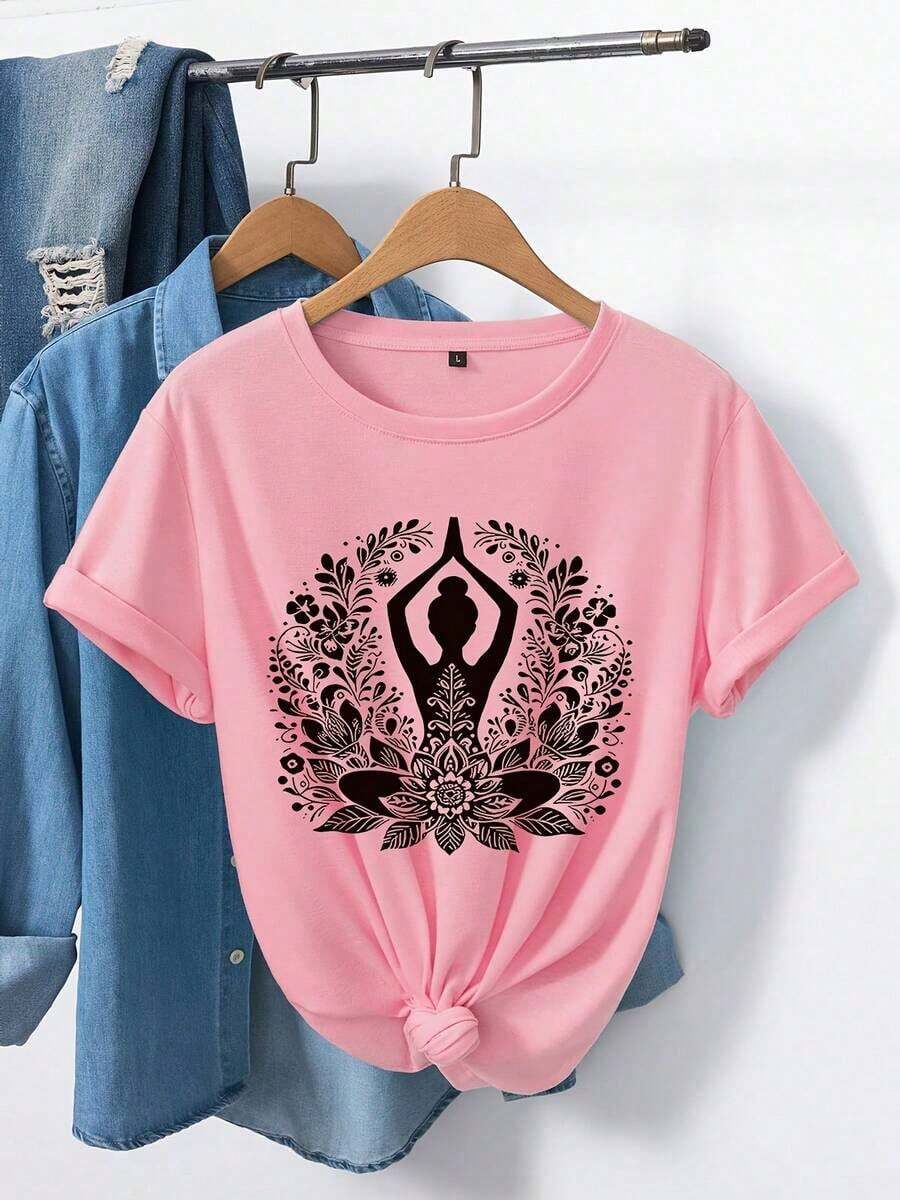 Short Sleeve T-Shirt With Lotus Mandala Print - Bohemian Design, Comfortable Crew Neck, Ideal For Yoga And Casual Wear, Suitable For All Seasons - 粉色 - 查看 1