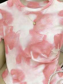 de manga corta con pliegues y bajo asimétrico de unicolor casual para mujer, verano - Multicolor 6 - Ver 3