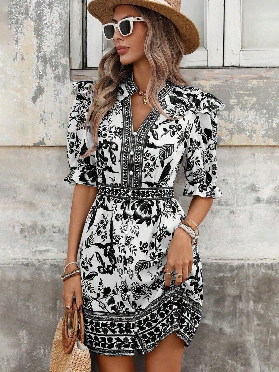 Vestido corto de té estilo palacio francés con cuello en V, mangas abultadas, dobladillo con volantes, estampado de porcelana azul y blanco vintage para mujer - Negro - Ver 1
